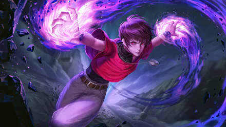 HD desktop wallpaper featuring Dyrroth from the video game Mobile Legends: Bang Bang, displaying a dynamic pose with glowing purple energy emanating from his hands against a dark background.
