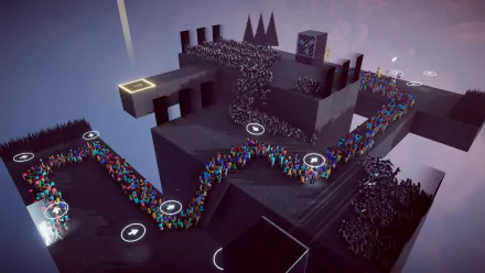 HD desktop wallpaper and background from the video game Humanity (2024), featuring a compelling scene with crowds navigating a complex, geometric environment.