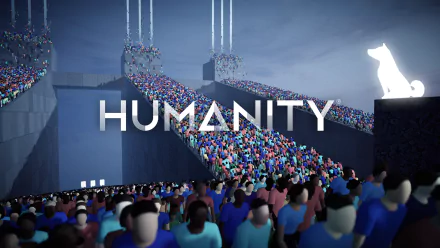 HD desktop wallpaper featuring a scene from the video game Humanity (2024), showing a crowd of people converging on a futuristic structure, with the game title HUMANITY displayed prominently.