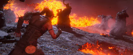 HD desktop wallpaper featuring a scene from Senua's Saga: Hellblade II, showcasing the protagonist facing a fiery, volcanic landscape with intense flames and molten lava.