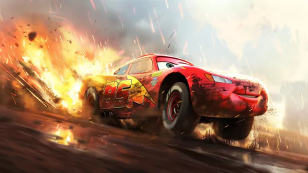 HD desktop wallpaper of Lightning McQueen from Pixar's Cars, showing him speeding through fiery scenes with determination and energy.