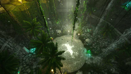 HD desktop wallpaper of Rise Online, depicting a mystical jungle scene with hanging vines, scattered skulls, and a glowing circular platform in the center.