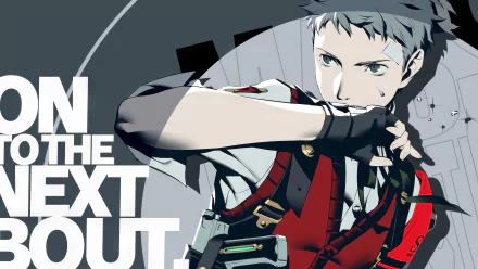 HD desktop wallpaper featuring Akihiko Sanada from the video game Persona 3 Reload, with a dynamic pose and bold text that reads On to the Next Bout.