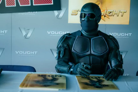 HD desktop wallpaper of Black Noir from the TV show The Boys (2019) signed autographs at a Vought International event.