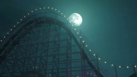 HD desktop wallpaper featuring a night scene from Killer Klowns from Outer Space: The Game. The image showcases a moonlit roller coaster with light bulbs decorating its structure.