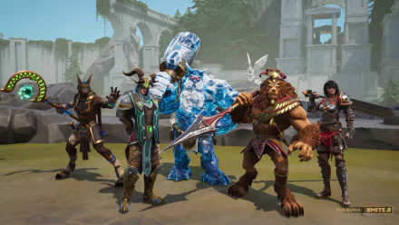 HD desktop wallpaper featuring characters from the video game Smite 2, showcasing five distinct fantasy warriors in battle-ready poses against a backdrop of ancient ruins.