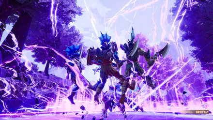 HD desktop wallpaper of Smite 2 video game featuring electrifying blue-armored characters amidst a vibrant, lightning-filled background.