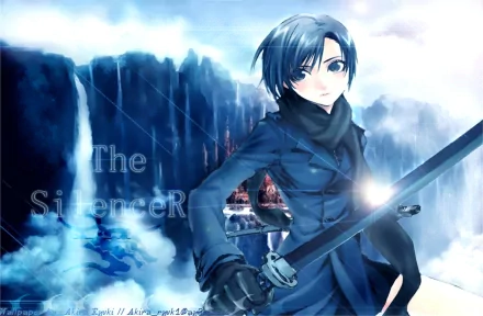 HD PC desktop wallpaper: Anime scene inspired by Dogs: Bullets & Carnage — blue-haired swordsman in a dark coat stands on snowy cliffs, sword drawn, with dramatic light and swirling snow.