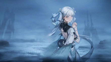 HD PC wallpaper featuring Jinhsi from Wuthering Waves, a girl with silver hair and a detailed outfit set against a misty, blue-toned landscape background.