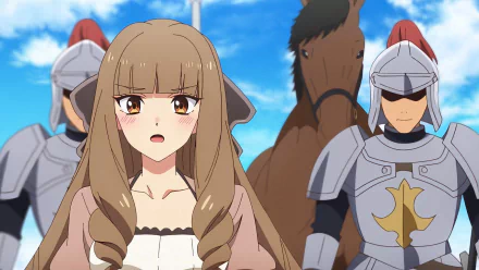 HD anime wallpaper from Chillin' in Another World with Level 2 Super Cheat Powers featuring a surprised girl flanked by two armored knights with a horse in the background.