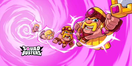 A vibrant HD desktop wallpaper for the video game Squad Busters by Supercell, featuring animated characters in action against a dynamic pink backdrop.