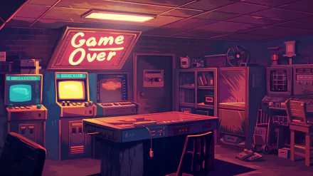 An HD desktop wallpaper featuring a dimly lit arcade room with vintage video game machines displaying a Game Over screen, capturing the nostalgic vibe of a classic gaming environment.