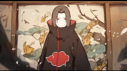Anime-themed HD desktop wallpaper featuring Itachi Uchiha from Naruto in an Akatsuki cloak, with a background of golden koi fish and lush leaves.