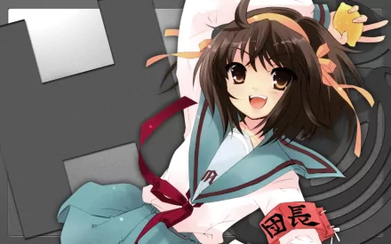 Haruhi Suzumiya from The Melancholy of Haruhi Suzumiya anime, depicted in vibrant colors as an HD PC desktop wallpaper and background.