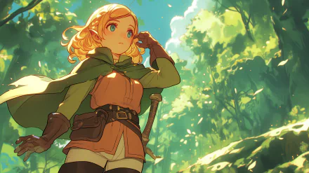 HD wallpaper of Marcille Donato from the anime Delicious in Dungeon, set in a lush, sunlit forest background.