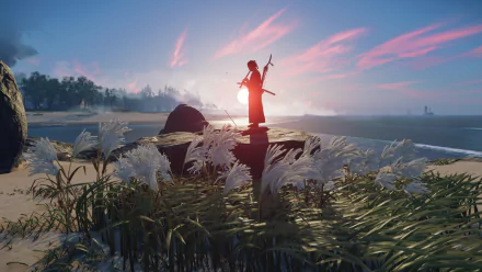 HD PC desktop wallpaper of Ghost of Tsushima featuring a lone samurai standing on a rock at sunset, surrounded by tall grasses and a serene coastal landscape.