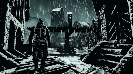 HD desktop wallpaper of a thief walking in a rainy town at night, featuring dark, moody tones and detailed architecture.