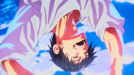 HD desktop wallpaper featuring Toji Fushiguro from Jujutsu Kaisen, depicted upside down with a bright, dynamic background.