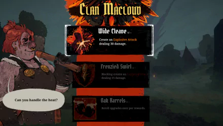 HD desktop wallpaper featuring a screenshot from the video game Tears of Metal showcasing the Clan Macloud menu with attack options and a character asking, Can you handle the heat?