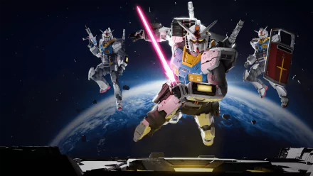 HD desktop wallpaper featuring three Gundam robots armed and posed in space above Earth, with one in the foreground wielding a pink energy sword.