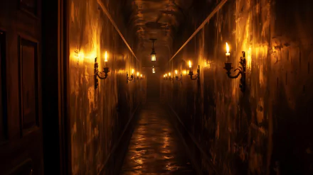 Dimly lit, eerie hall with antique lamps casting ominous shadows on the walls, creating a scary atmosphere. HD desktop wallpaper and background.