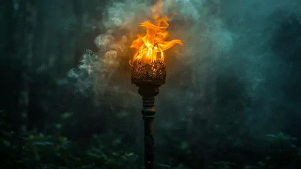 A detailed torch with bright flames and rising smoke in a dark, misty forest, serving as a striking HD desktop wallpaper and background.