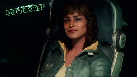 HD desktop wallpaper featuring Kay Vess from the video game Star Wars Outlaws. Kay Vess is depicted seated and wearing a green jacket, with the game’s logo in the corner.