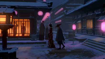 Anime scene from 'Blue Eye Samurai' in HD, featuring characters walking through a snowy, lantern-lit Japanese street. The image is a visually appealing desktop wallpaper and background.