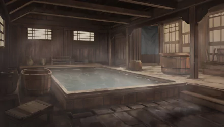 HD desktop wallpaper featuring a serene indoor bathhouse scene from the video game The Hungry Lamb: Traveling in the Late Ming Dynasty. The setting is detailed with wooden interiors and soft lighting.