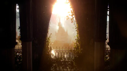 A stunning HD desktop wallpaper featuring a scene from the video game Dragon Age: The Veilguard, showcasing a sunlit castle viewed through an archway framed by overgrown foliage.