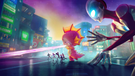 HD desktop wallpaper and background from the movie Ultraman: Rising featuring an intense scene with Ultraman confronting a laser-breathing monster in a vibrant, neon-lit cityscape.