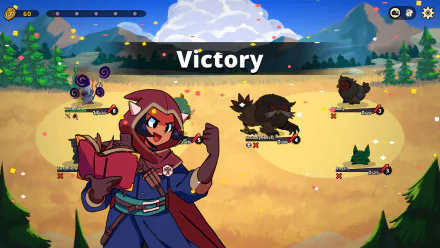 HD desktop wallpaper featuring characters from the video game Dicefolk. Centered is a mage in a victory pose, a Victory banner above, set against a picturesque mountain landscape.