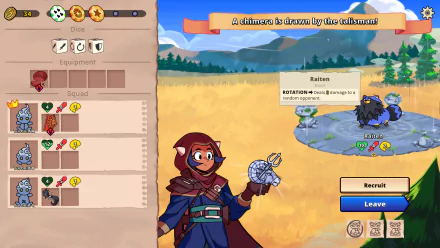 HD desktop wallpaper featuring a character from the video game Dicefolk, holding a dice talisman against a scenic landscape with gameplay elements displayed on the screen.
