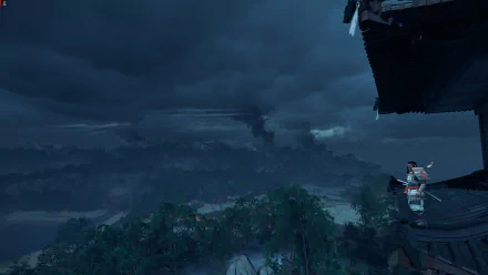 Ghost of Tsushima 2K Quad HD PC desktop background: Jin Sakai on a temple rooftop overlooking a stormy, moonlit island at night, PlayStation 5.