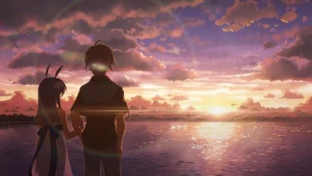 HD PC desktop wallpaper background from the video game DJMax: two silhouetted characters holding hands at a glowing ocean sunset, clouds and light reflecting on the water.