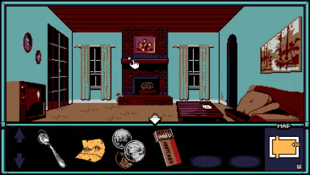 This HD desktop wallpaper features a vintage-style video game from UFO 50, depicting a pixel art living room with game icons displayed at the bottom.