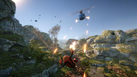 HD desktop wallpaper featuring a dynamic action scene from the video game Killer Bean, showcasing intense firefight in a rugged, mountainous landscape with a character engaging a helicopter.