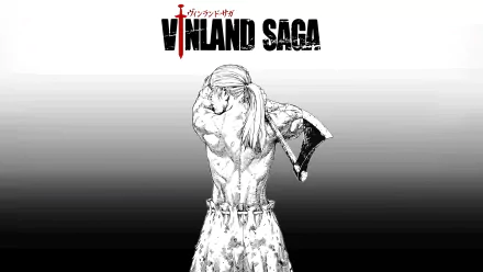 HD desktop wallpaper featuring Thorfinn from Vinland Saga manga. The image showcases Thorfinn with his back turned, under the Vinland Saga title in bold text.