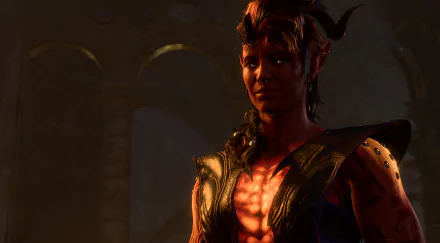 HD desktop wallpaper featuring Karlach from the video game Baldur's Gate 3, showcasing a detailed, atmospheric design in a dimly lit setting.