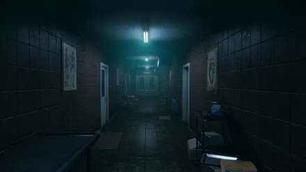 HD desktop wallpaper of a dimly lit hallway from the video game Autopsy Simulator, featuring medical equipment and dark walls.