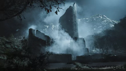 HD desktop wallpaper of the video game Pax Dei, featuring a mysterious, misty ruin illuminated under a cloudy, moonlit sky.