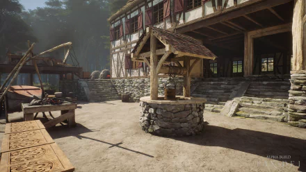 HD desktop wallpaper featuring a serene courtyard from the video game Pax Dei, showcasing a rustic well with stone base and wooden roof, surrounded by a medieval-style building and outdoor structures.
