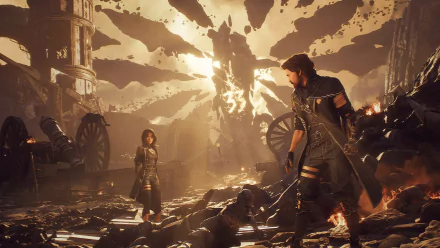 Epic scene from the video game Clair Obscur: Expedition 33, featuring two characters and a dog amidst ruins, captured in striking 4K Ultra HD for PC desktop wallpaper.