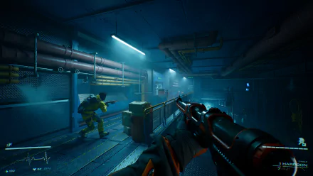 HD desktop wallpaper of Level Zero: Extraction video game showing a first-person shooter scene in a dimly lit, industrial environment with two players armed in tactical gear.
