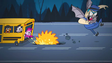 HD desktop wallpaper featuring an animated scene from the video game BLUD with characters escaping from a school bus as a bat-like creature chases them.