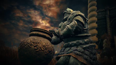 A high-definition Elden Ring: Shadow of the Erdtree desktop wallpaper, featuring a detailed armored warrior holding a large ornate pot, with a dramatic sky and ancient structures in the background.