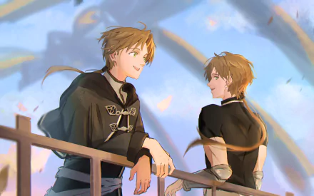 4K Ultra HD anime PC desktop wallpaper from Mushoku Tensei: Jobless Reincarnation featuring Rudeus and Paul Greyrat leaning on a railing, sharing a smile under warm sunset skies.