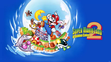 4K Ultra HD PC desktop wallpaper featuring vibrant characters and elements from Super Mario Land 2: 6 Golden Coins against a blue background with the game title.