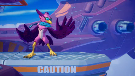 A HD wallpaper featuring a character from the video game Rivals 2, depicting a vibrant bird-like figure standing on a platform labeled CAUTION, with a futuristic background.