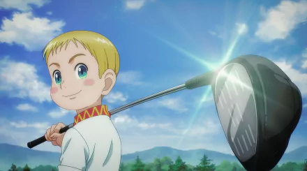 HD desktop wallpaper featuring an anime character from Rising Impact, smiling while holding a golf club against a scenic blue sky and green landscape backdrop.
